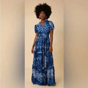 NWT Hale Bob Tie Dye Tiered Short Sleeve Blue Maxi Dress